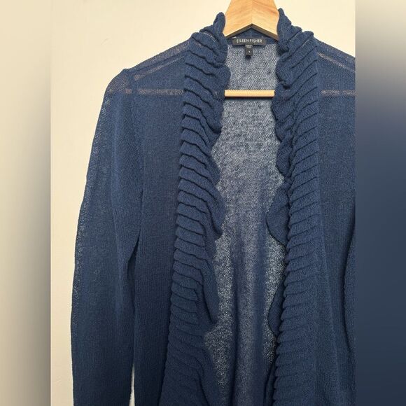Eileen Fisher Navy Blue Linen Blend Cardigan Sweater Small S knitted ruffles - Picture 14 of 14